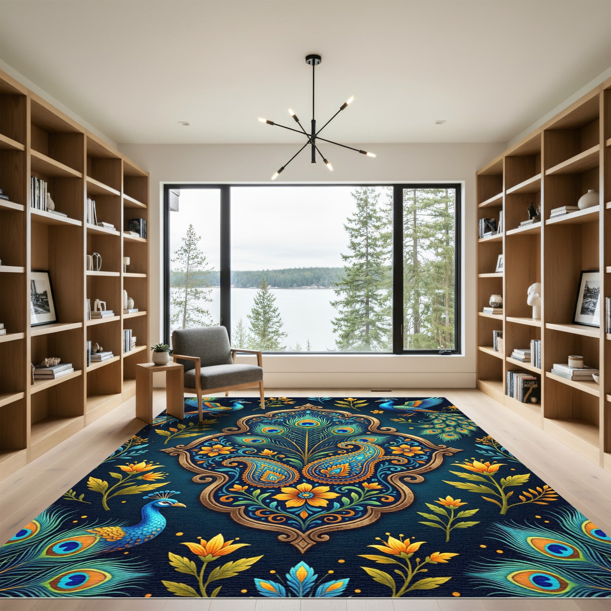 Ornate Peacock Feather Teal Gold Floral Rug
