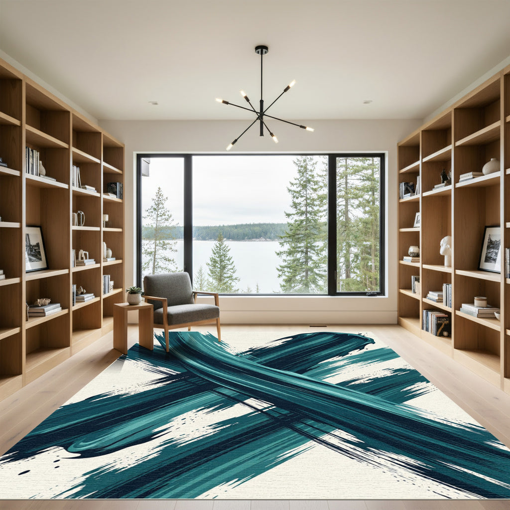 Modern Teal Abstract Bold Brushstroke Rug