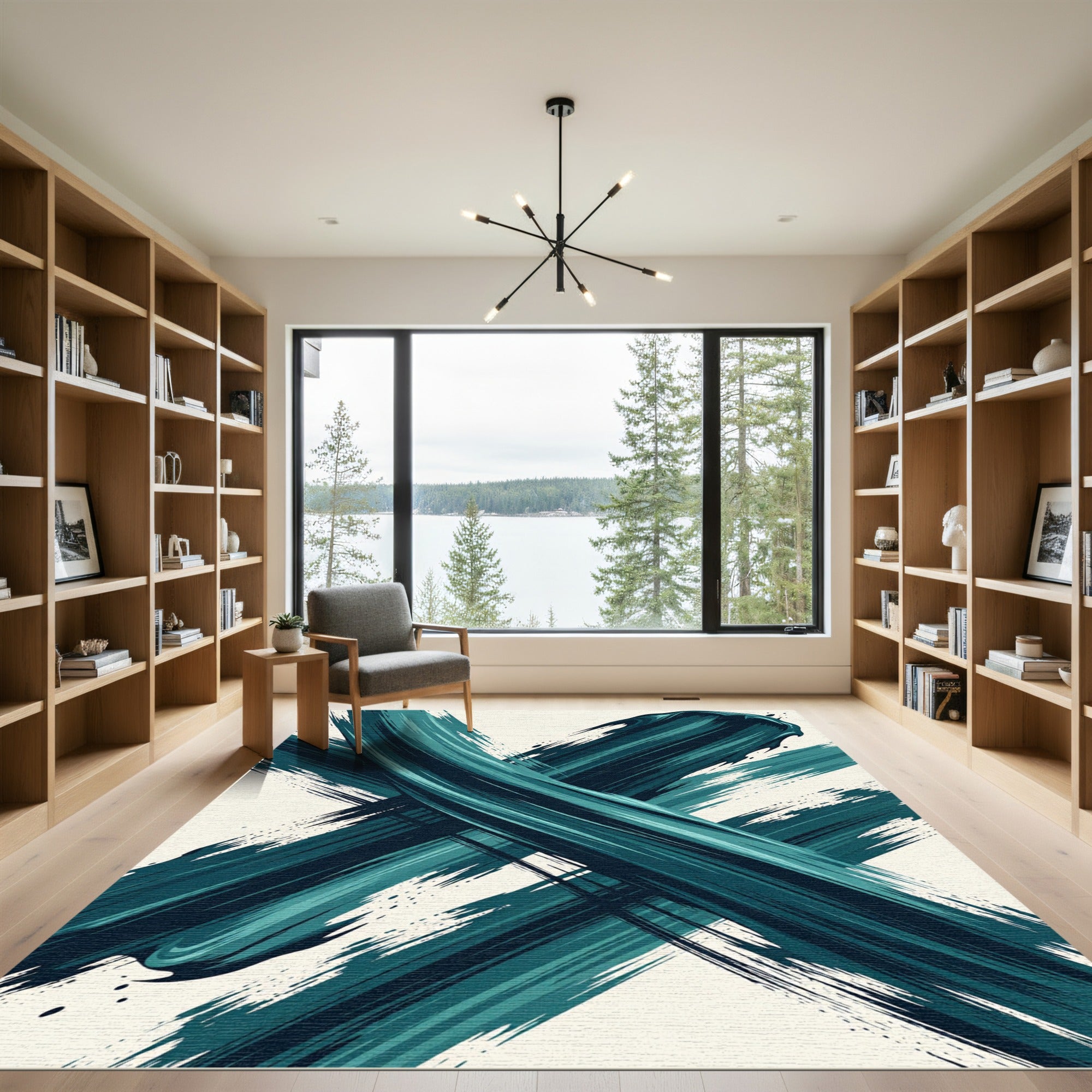 Modern Teal Abstract Bold Brushstroke Rug
