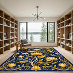 Golden Lotus Floral Navy Scrollwork Rug