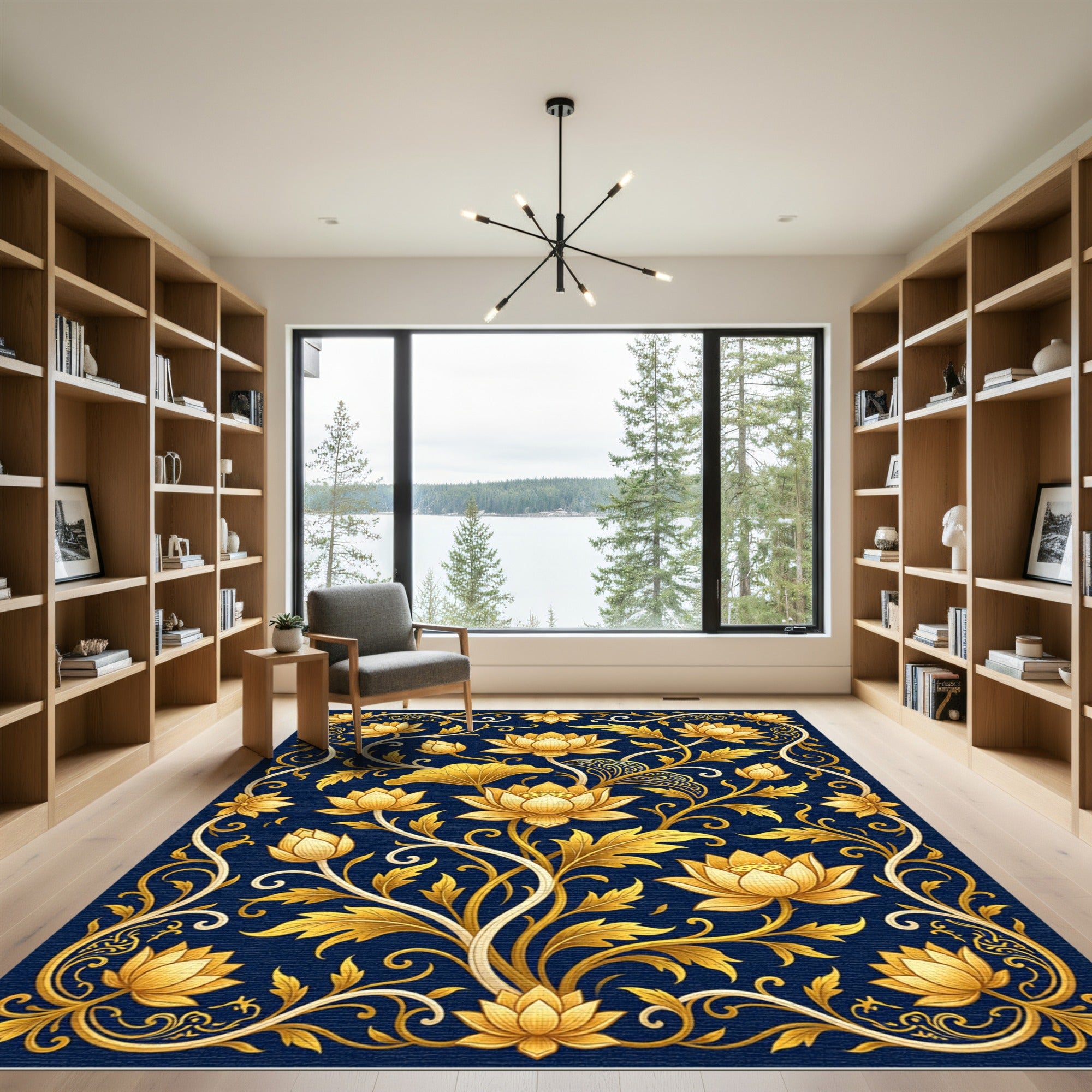 Golden Lotus Floral Navy Scrollwork Rug