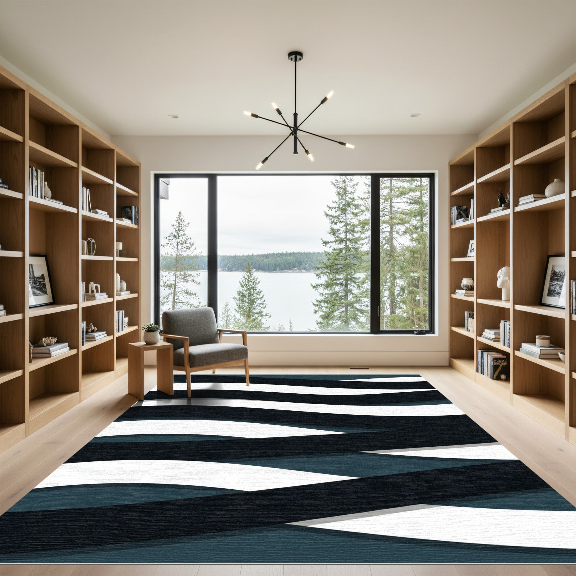 Modern Dark Blue White Wave Composition Rug