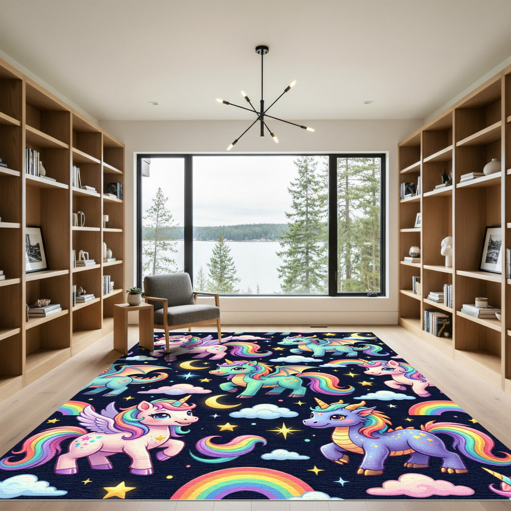 Whimsical Pastel Dragon and Unicorn Sky Rug
