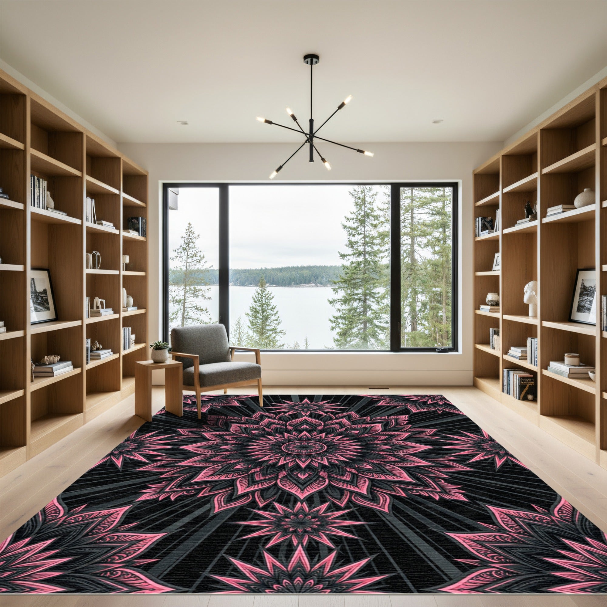 Pink Black Radiant Floral Mandala Rug