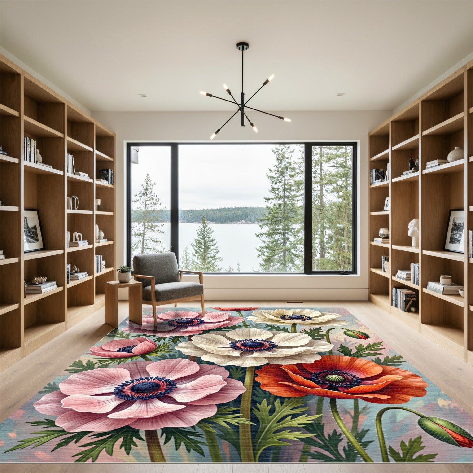 Blooming Coral Pink Anemone Bouquet Rug