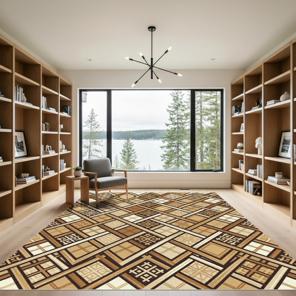 Earthy Geometric Lattice Woven Beige Rug