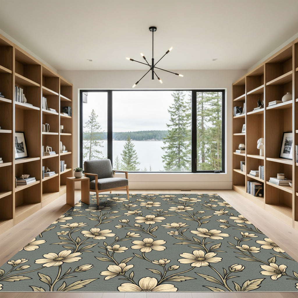 Cream Daisy Floral Scroll Rug