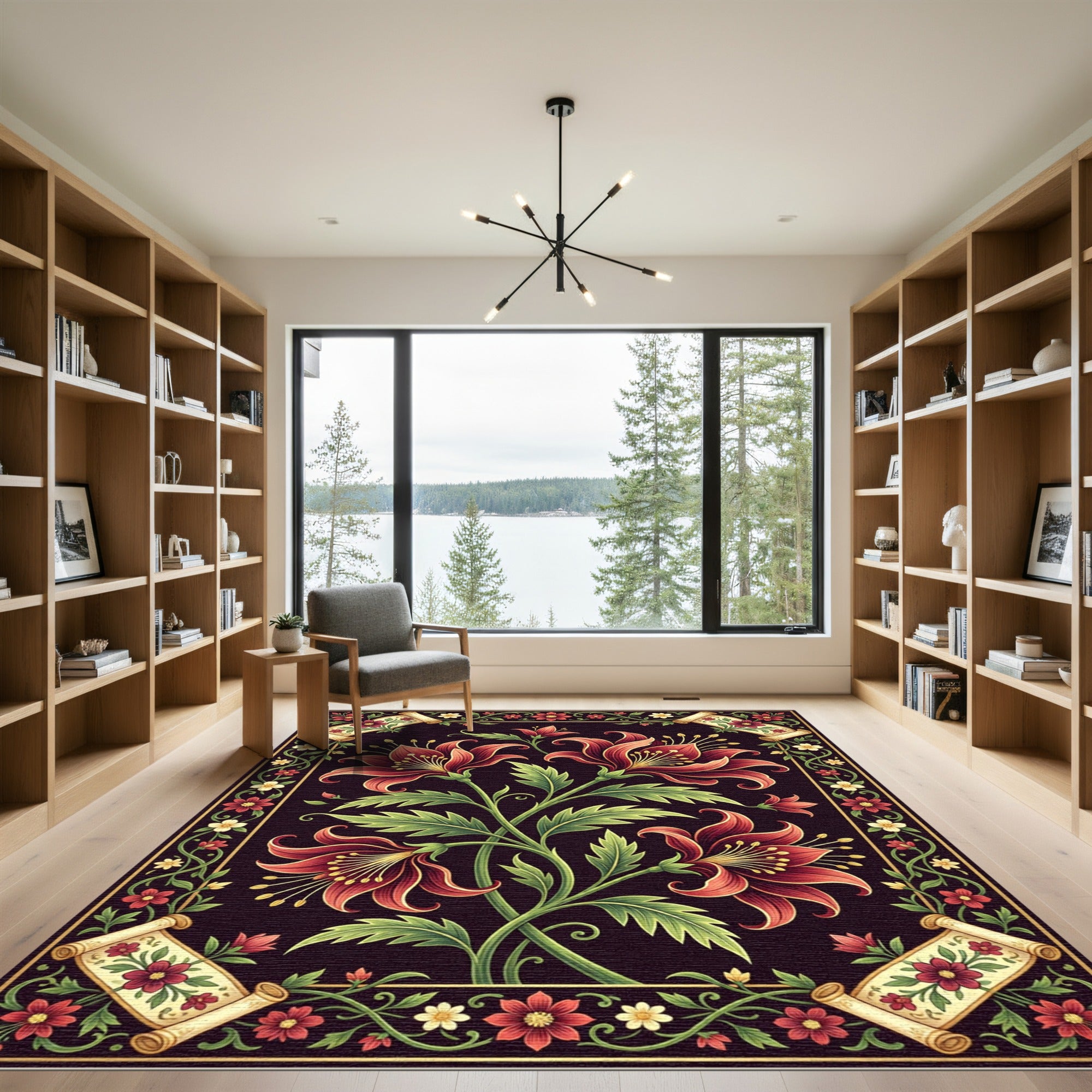Elegant Deep Crimson Lily Scroll Art Rug