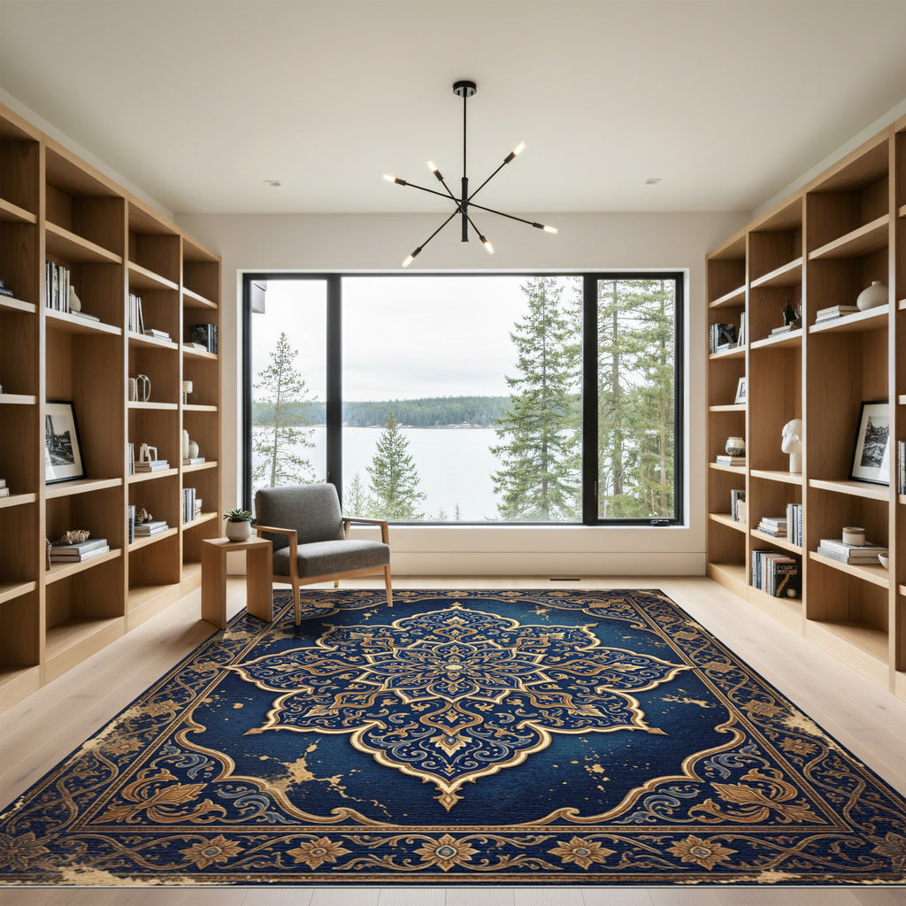 Ornate Cobalt Blue Golden Medallion Rug
