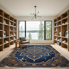 Ornate Cobalt Blue Golden Medallion Rug