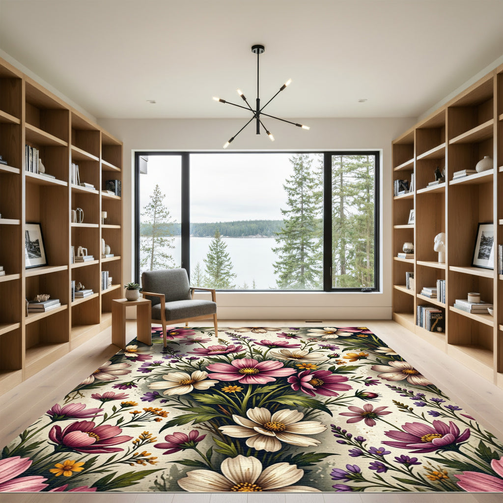 Elegant Pink Cosmos Botanical Floral Rug