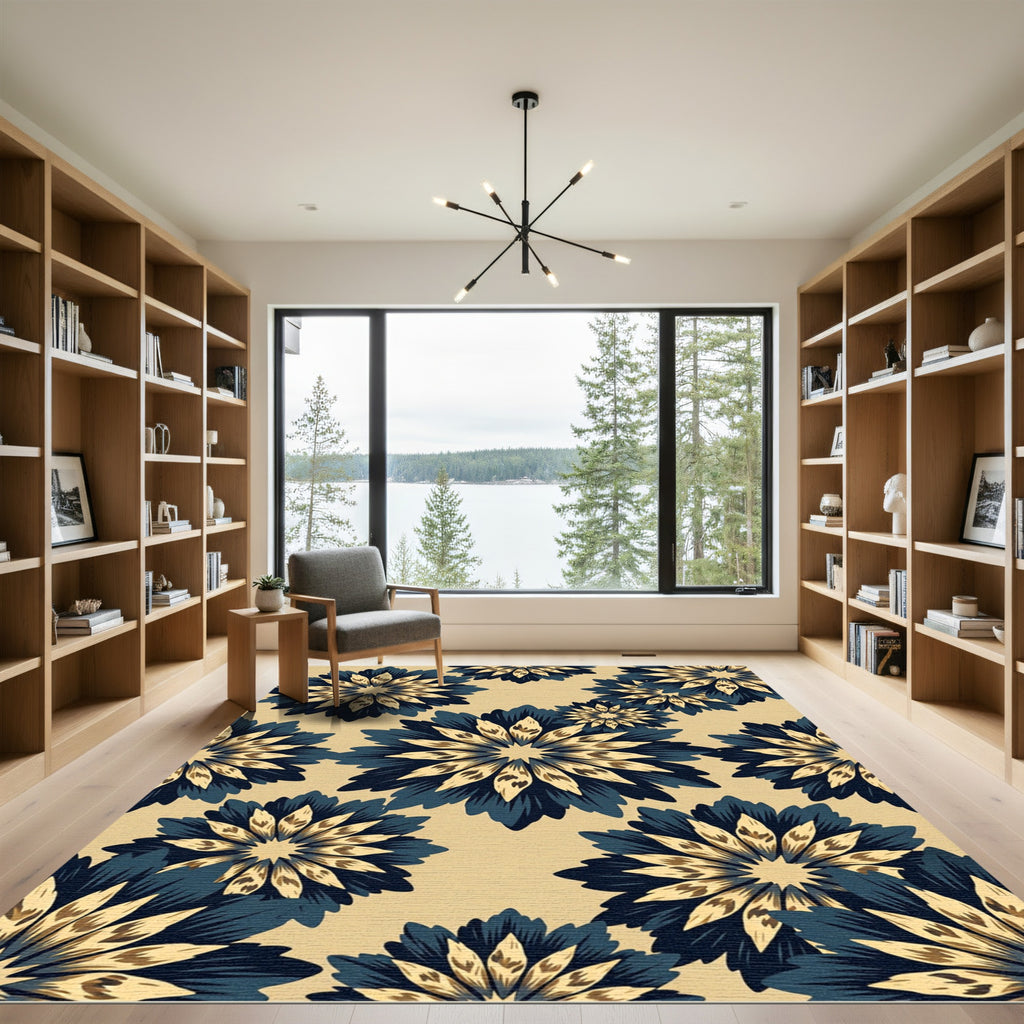 Navy Blue Blooming Petal Floral Rug