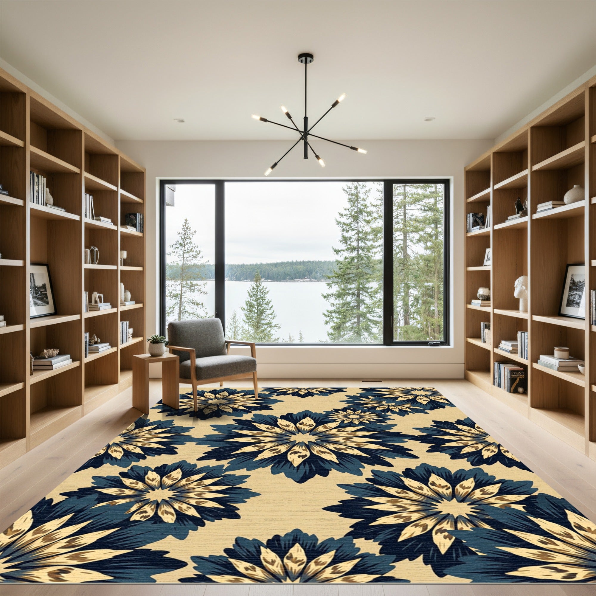 Navy Blue Blooming Petal Floral Rug