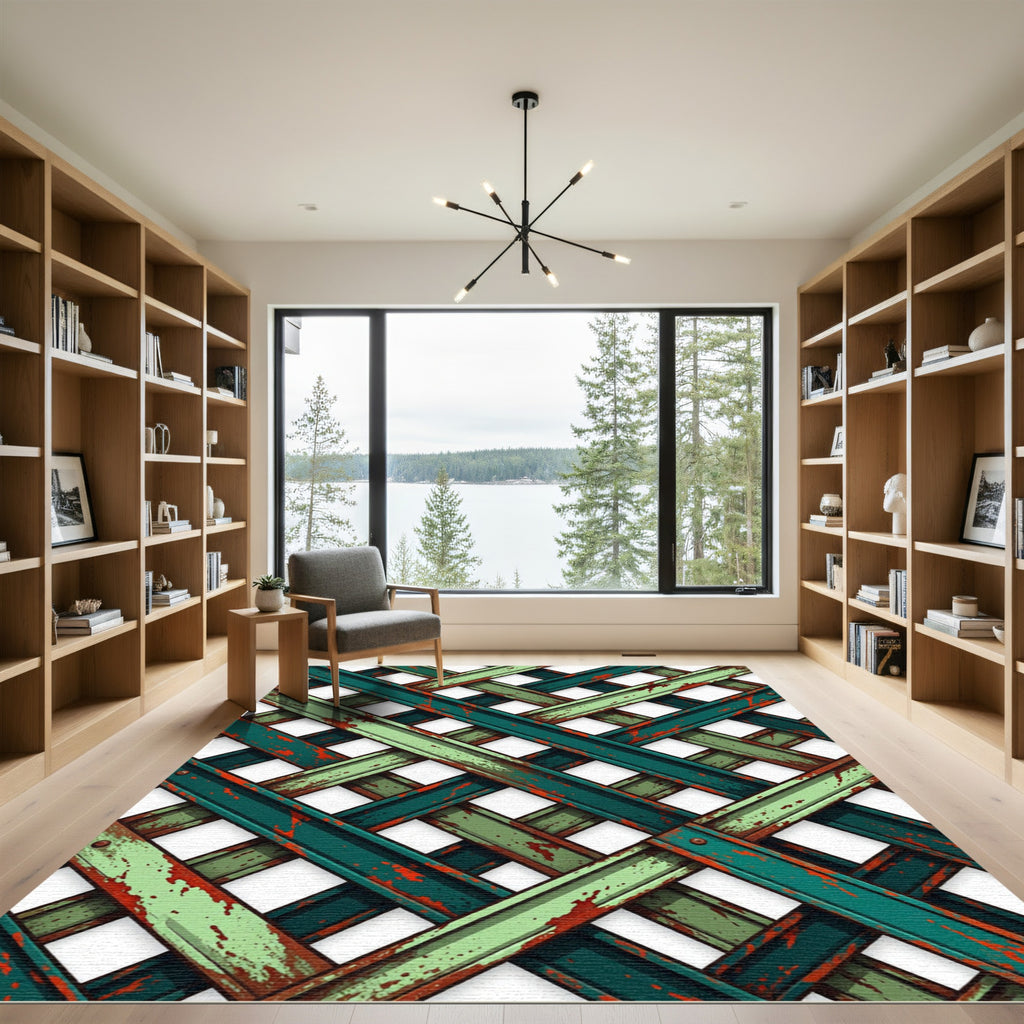 Green Distressed Lattice Weave Rug
