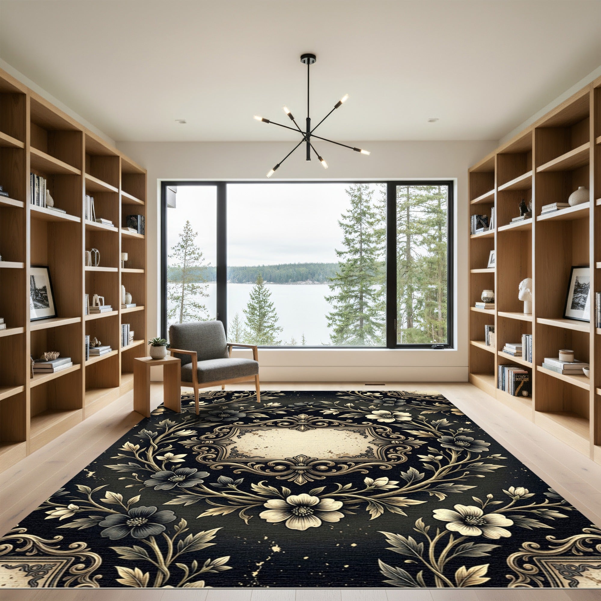 Elegant Gold Floral Baroque Frame Rug