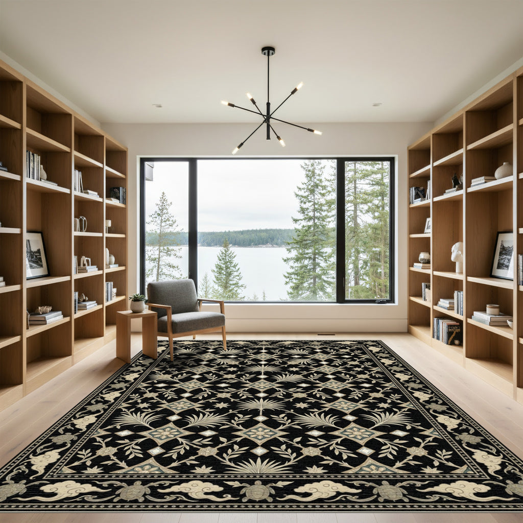 Elegant Black Cream Floral Turtle Border Rug