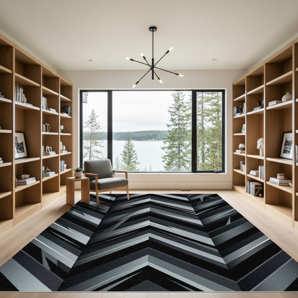 Modern Monochromatic Geometric Chevron Layered Rug