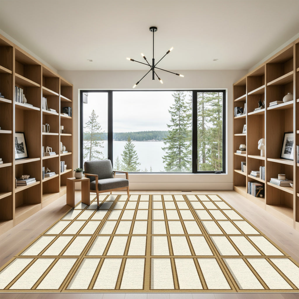Minimalist Cream Geometric Grid Neutral Rug