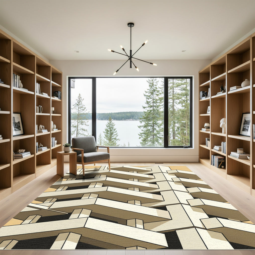 Minimalist Beige Brutalist Architectural Grid Rug