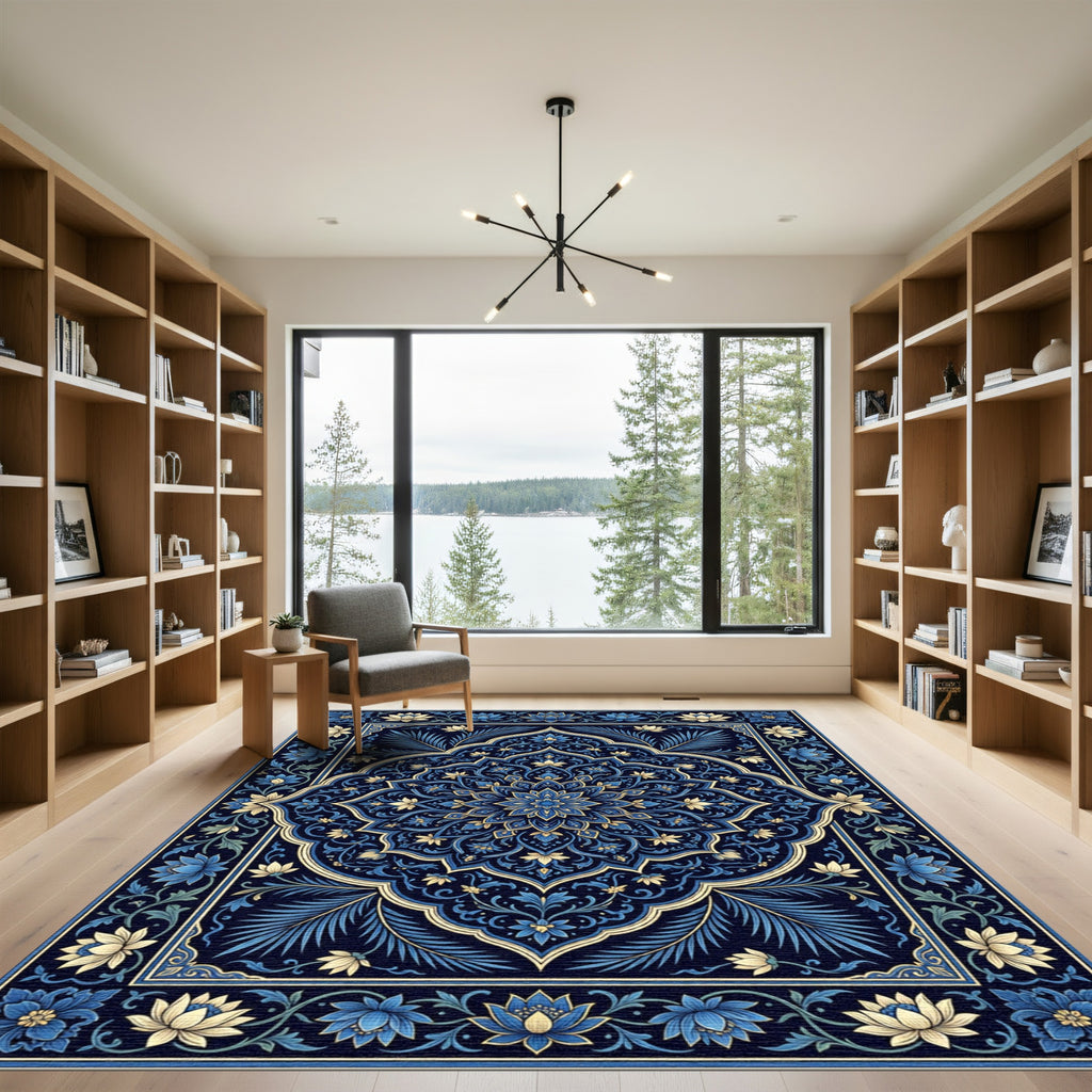 Deep Indigo Blue Floral Mandala Rug