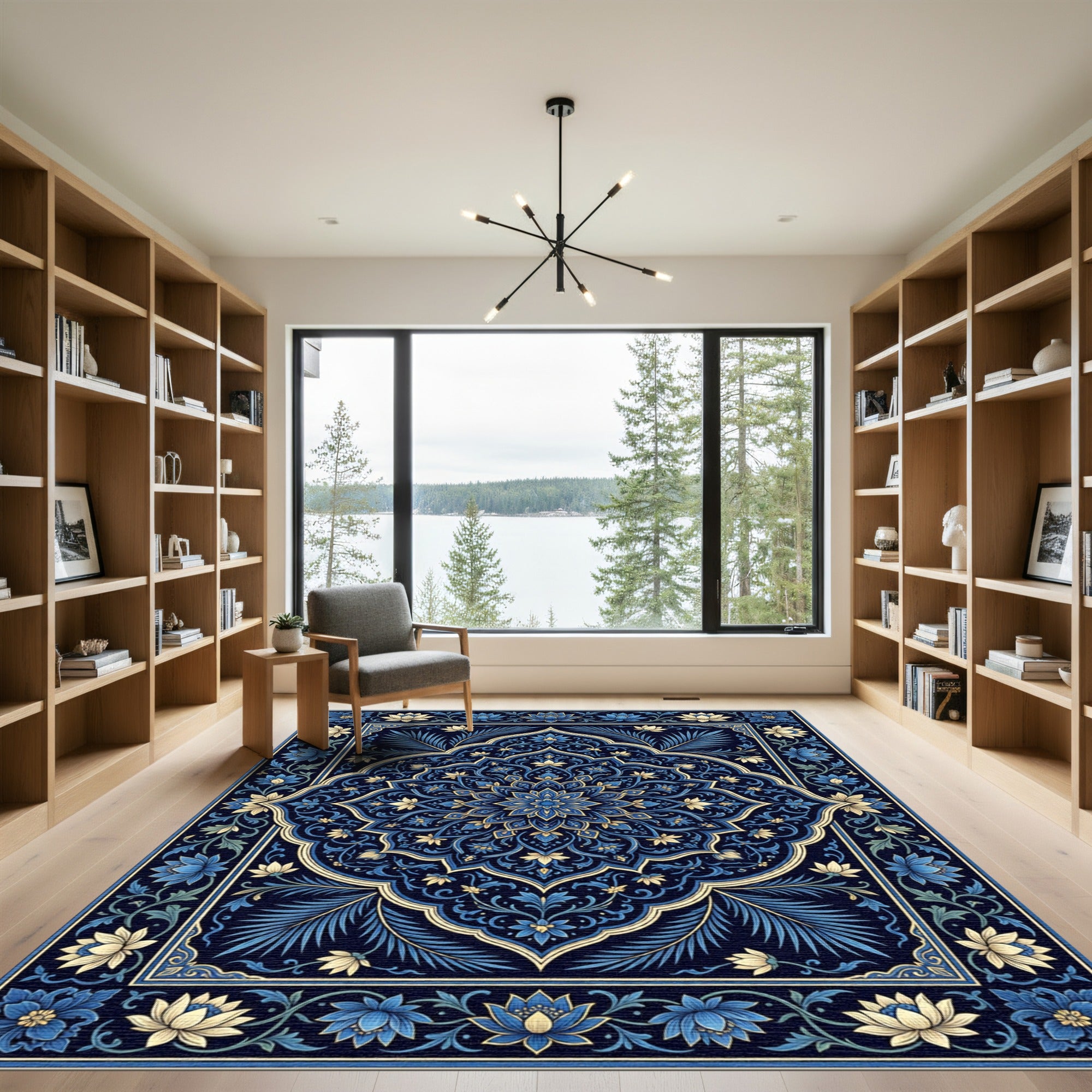 Deep Indigo Blue Floral Mandala Rug
