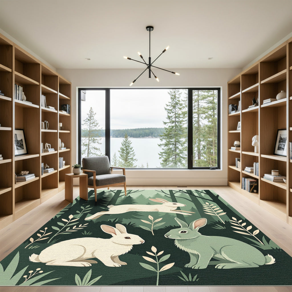 Serene Forest Bunnies Woodland Illustration Rug