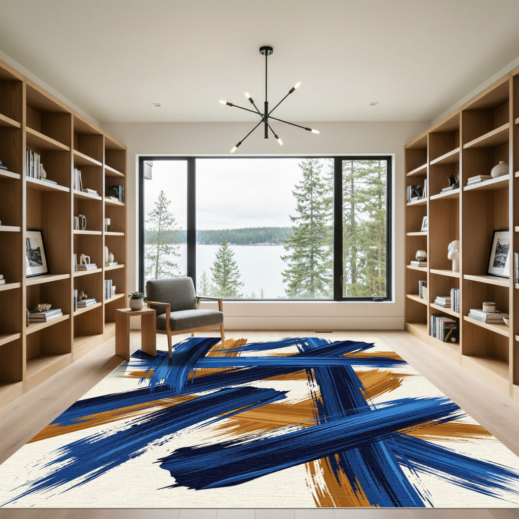 Abstract Navy and Ochre Brushstrokes Rug