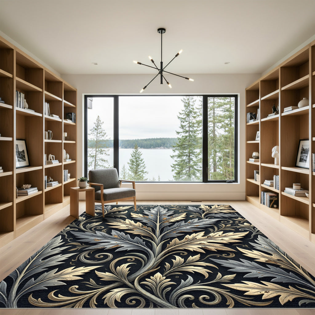 Elegant Silver and Gold Leaf Art Rug