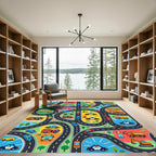 Vibrant Playful City Road Traffic Rug