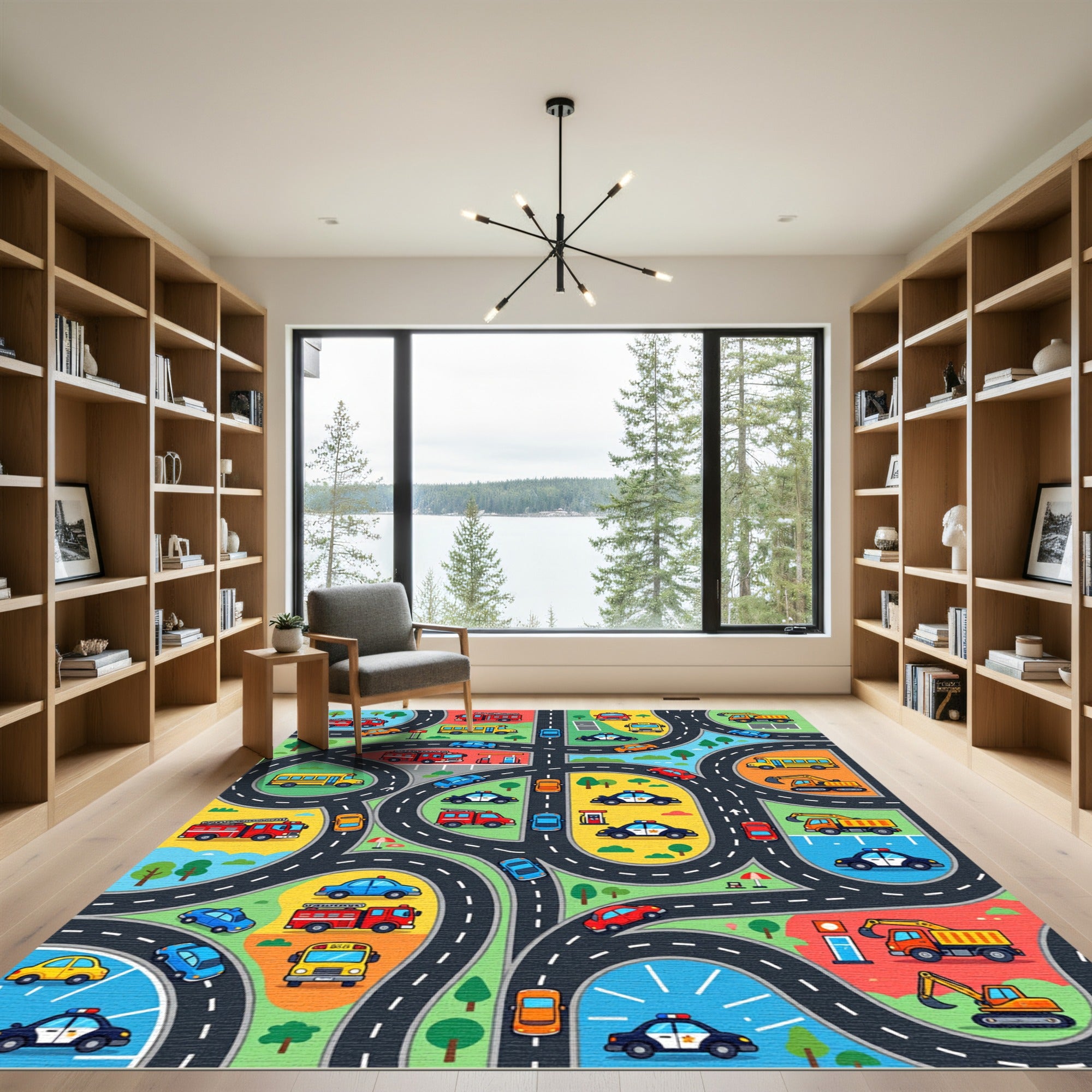 Vibrant Playful City Road Traffic Rug