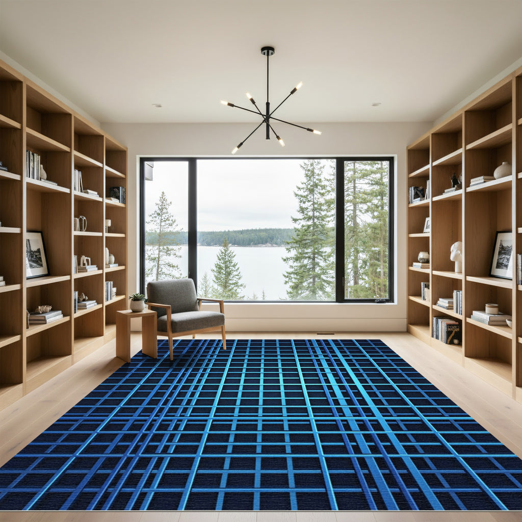 Electric Blue Geometric Lattice Rug