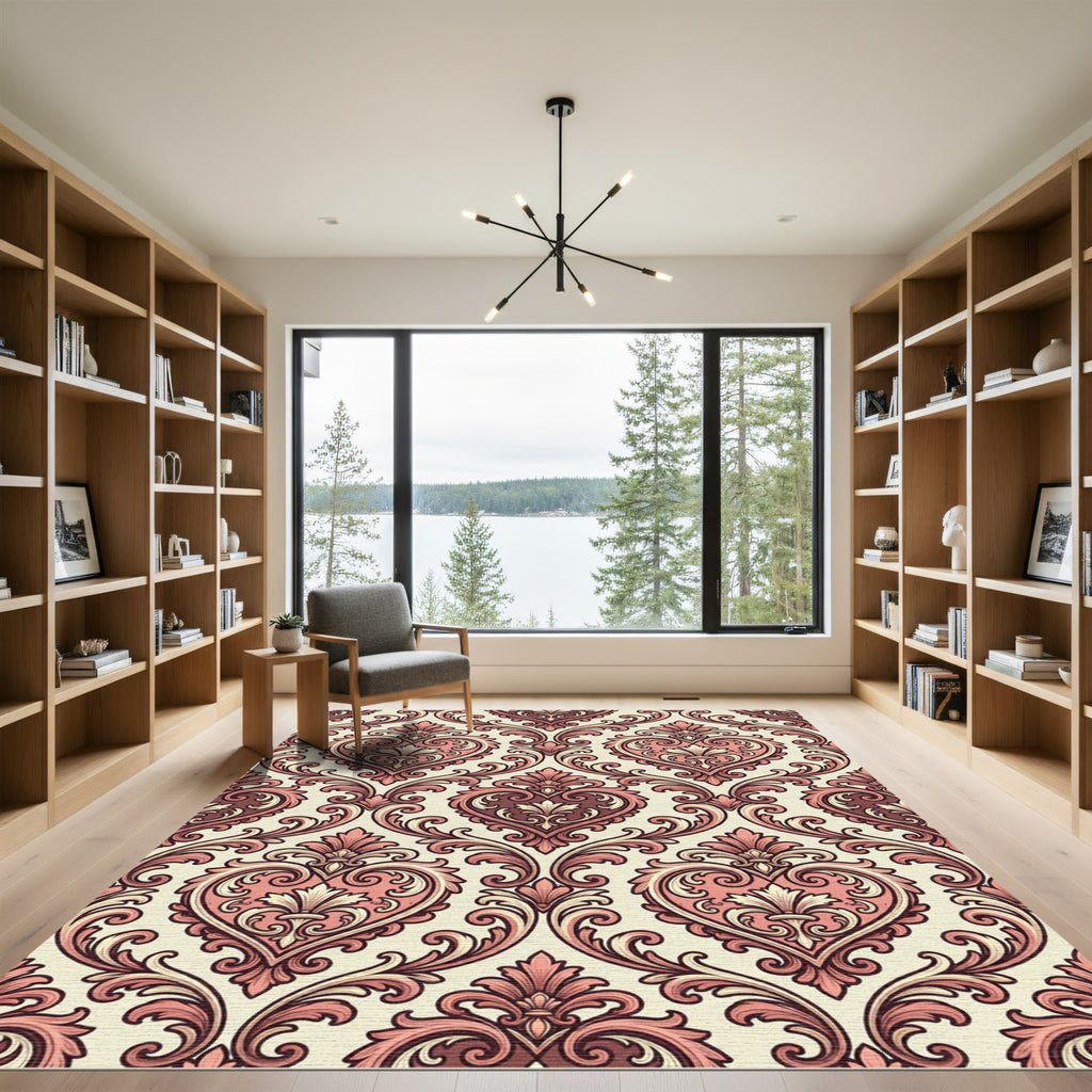 Elegant Blush Heart Damask Scroll Rug