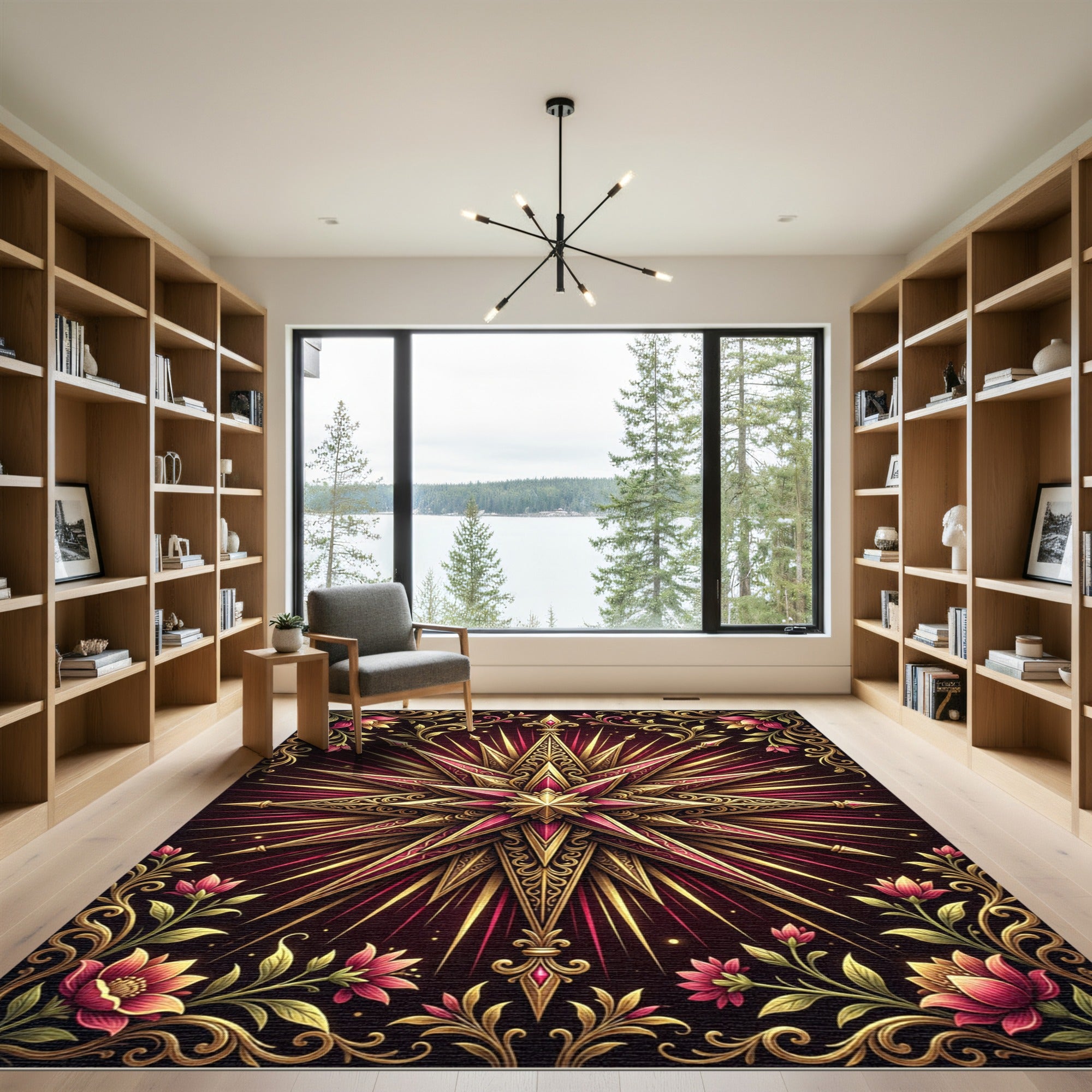 Gilded Crimson Filigree Star Floral Rug