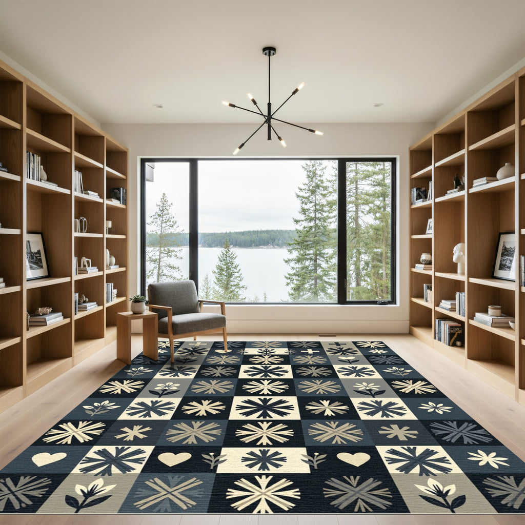 Neutral Block Floral Heart Cross Tones Rug