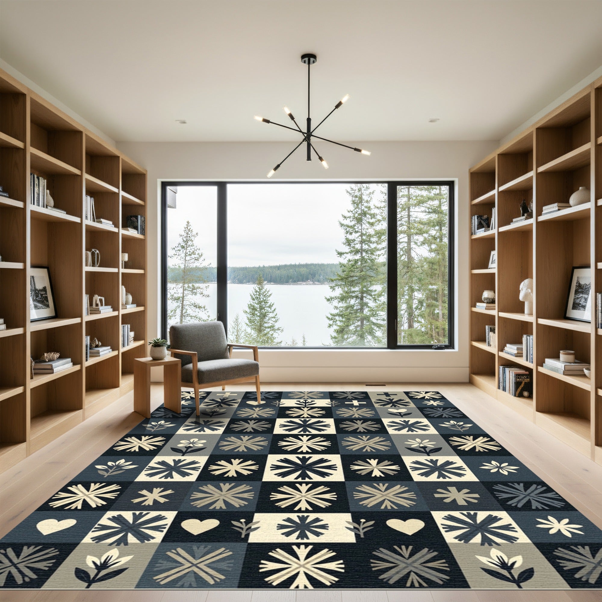 Neutral Block Floral Heart Cross Tones Rug