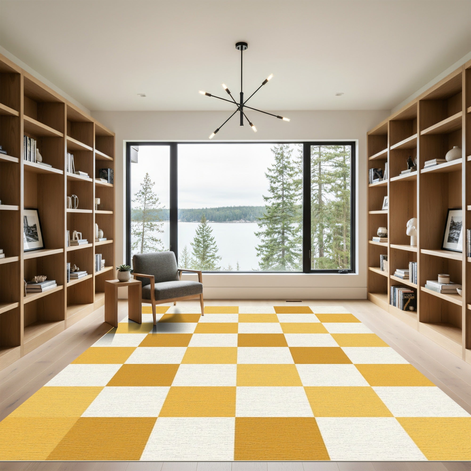 Golden White Checkerboard Squares Rug