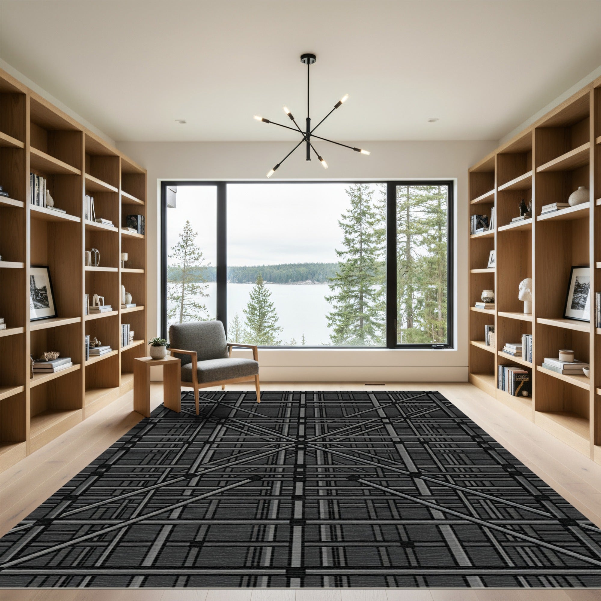 Dark Gray Interlocking Grid Lines Rug