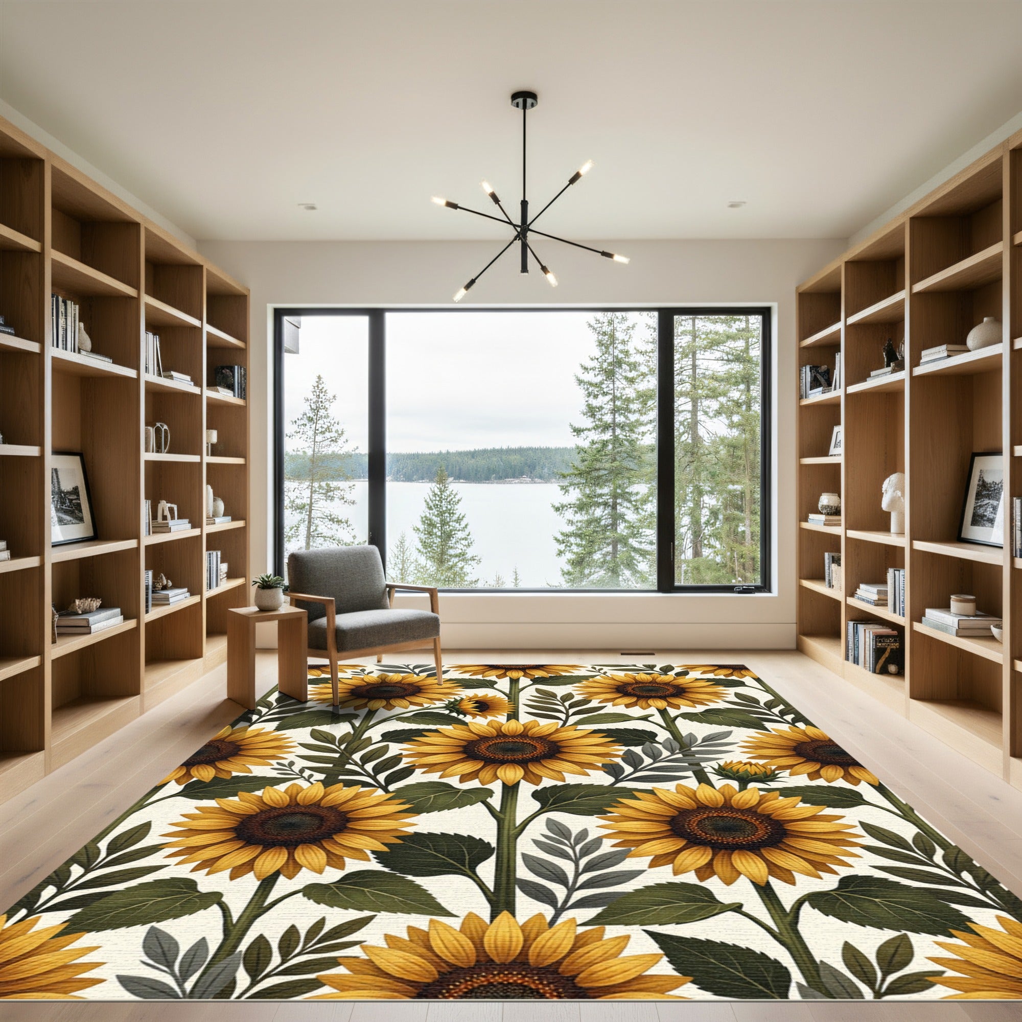 Golden Sunflower Botanical Floral Field Rug