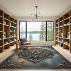 Antique Bronze Metallic Ornate Floral Medallion Rug