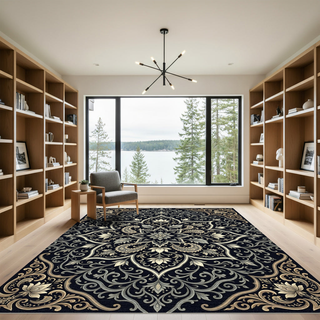 Intricate Black Gold Floral Medallion Rug