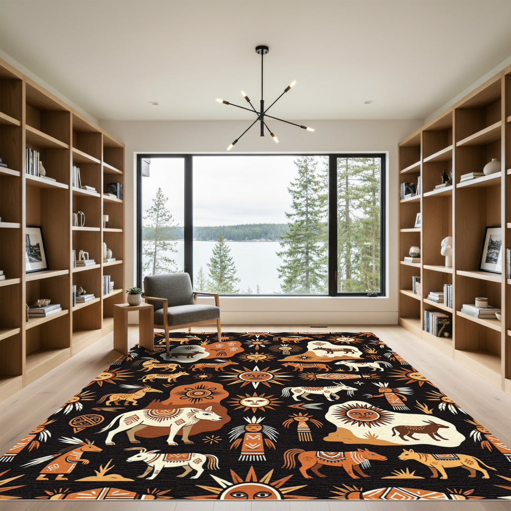 Tribal Sun Horse Figures Orange Black Rug