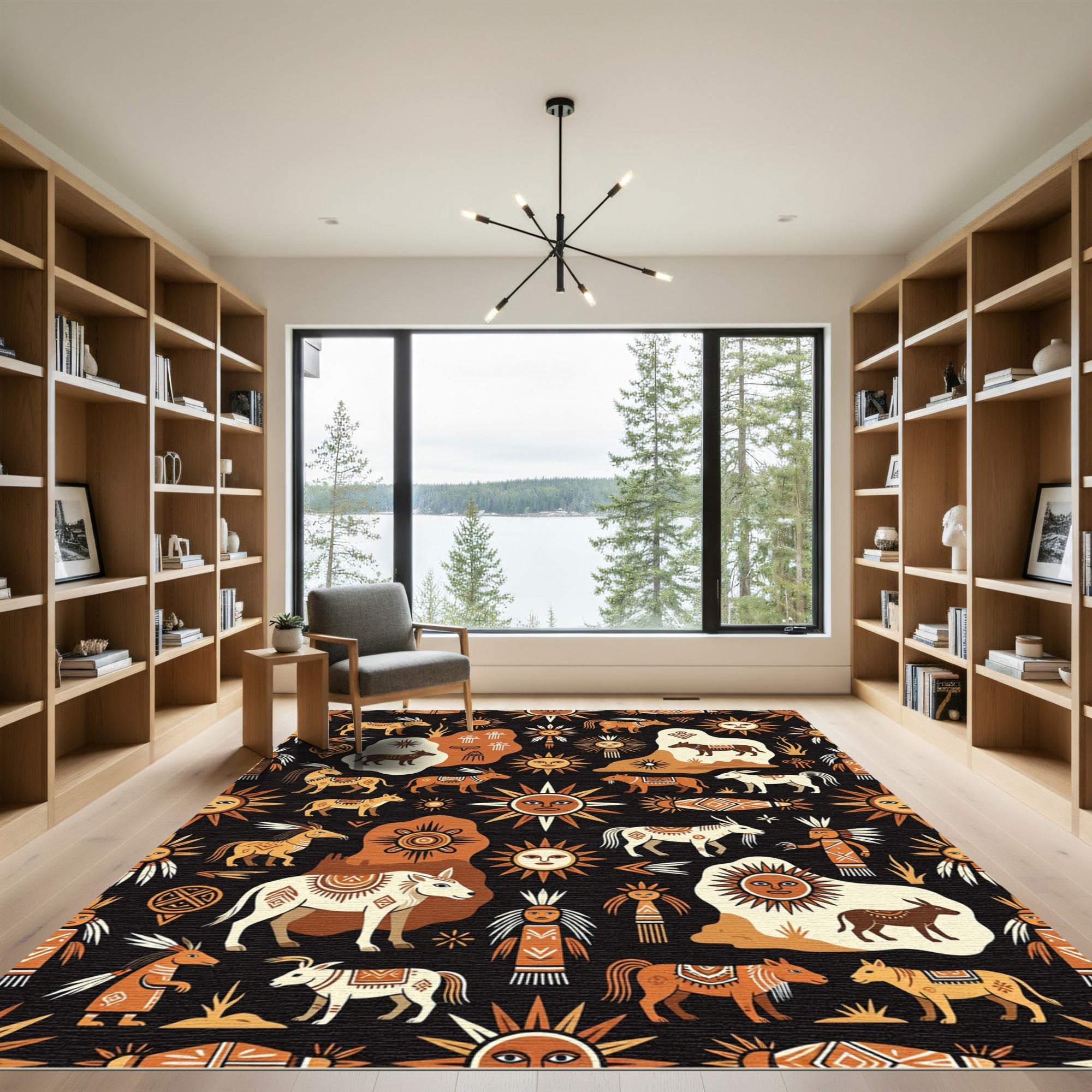 Tribal Sun Horse Figures Orange Black Rug
