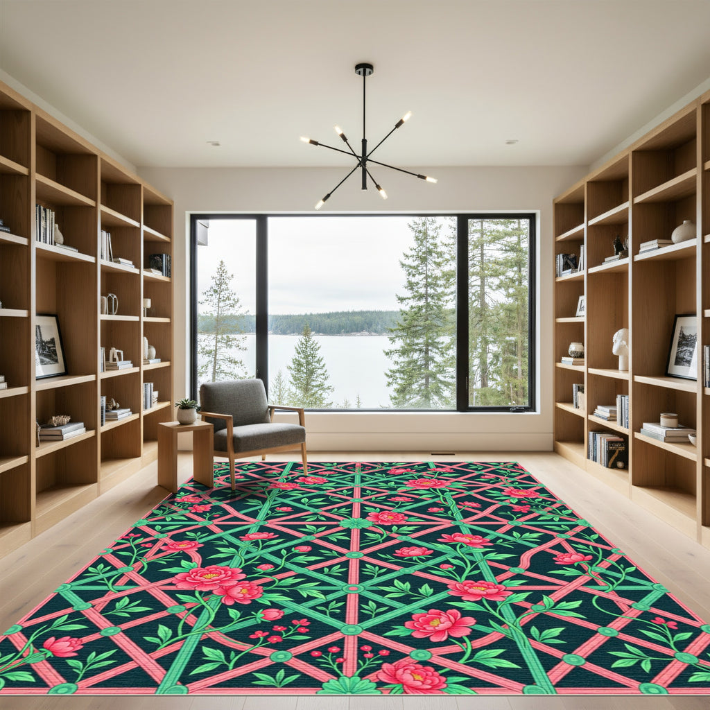 Peony Trellis Garden Teal Rose Rug