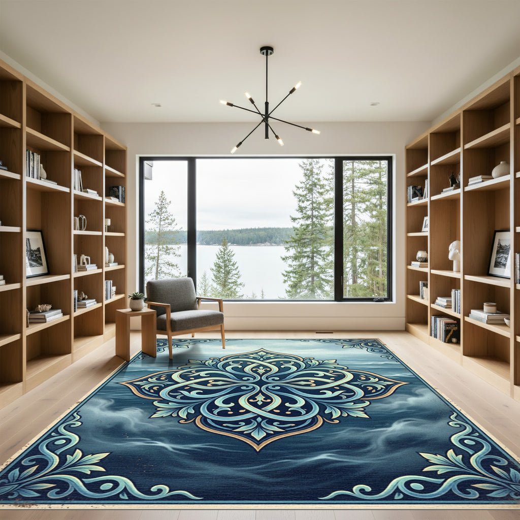 Elegant Cerulean Sea Scroll Medallion Rug