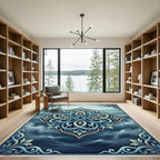 Elegant Cerulean Sea Scroll Medallion Rug