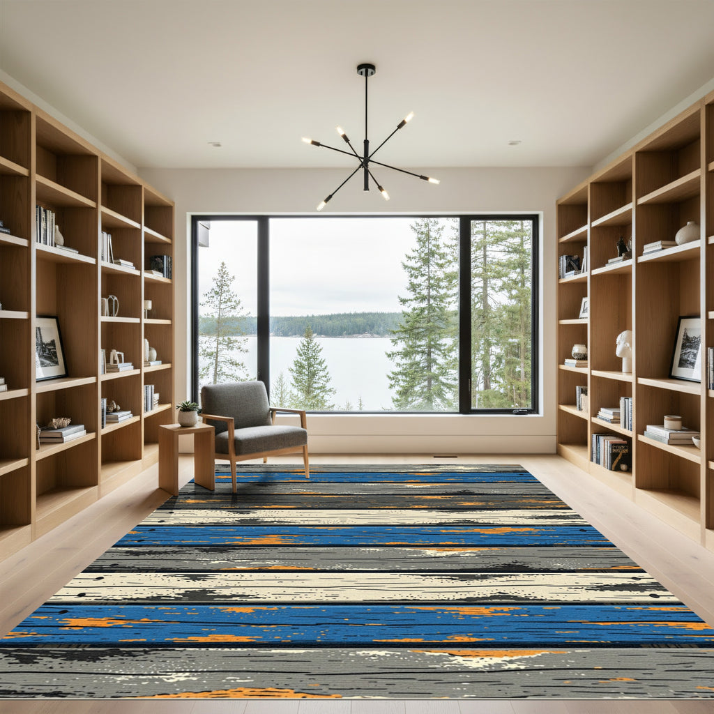 Distressed Wood Grain Blue Orange Rug