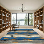 Distressed Wood Grain Blue Orange Rug