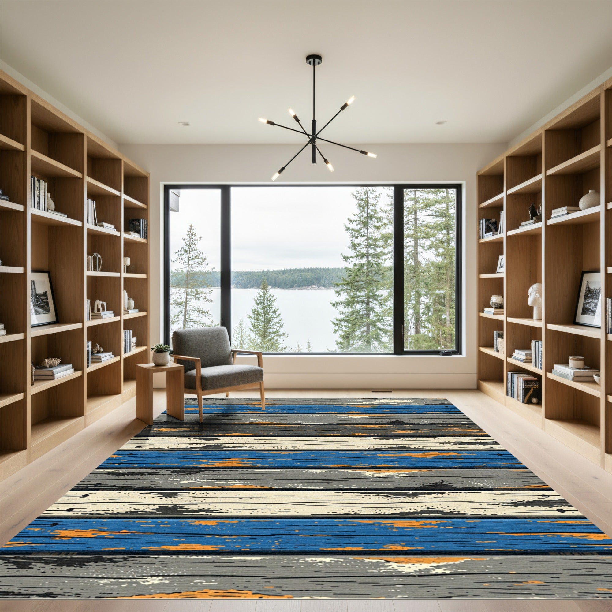 Distressed Wood Grain Blue Orange Rug