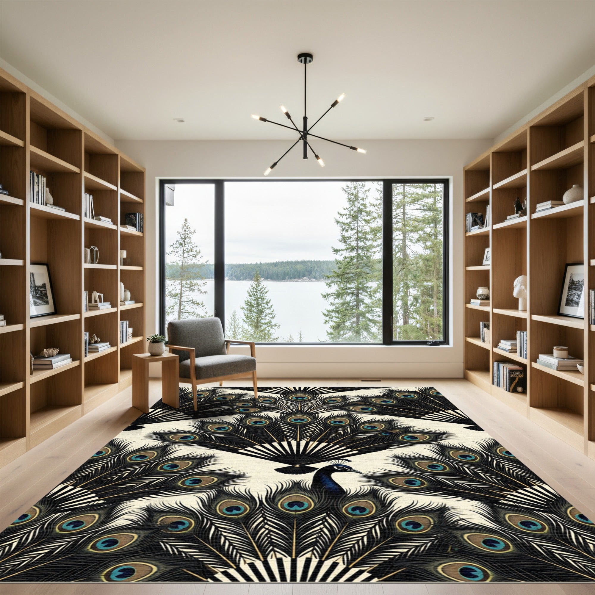 Elegant Black Peacock Feather Fan Rug