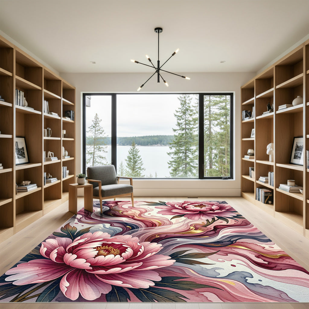 Elegant Pink Peony Watercolor Flow Rug